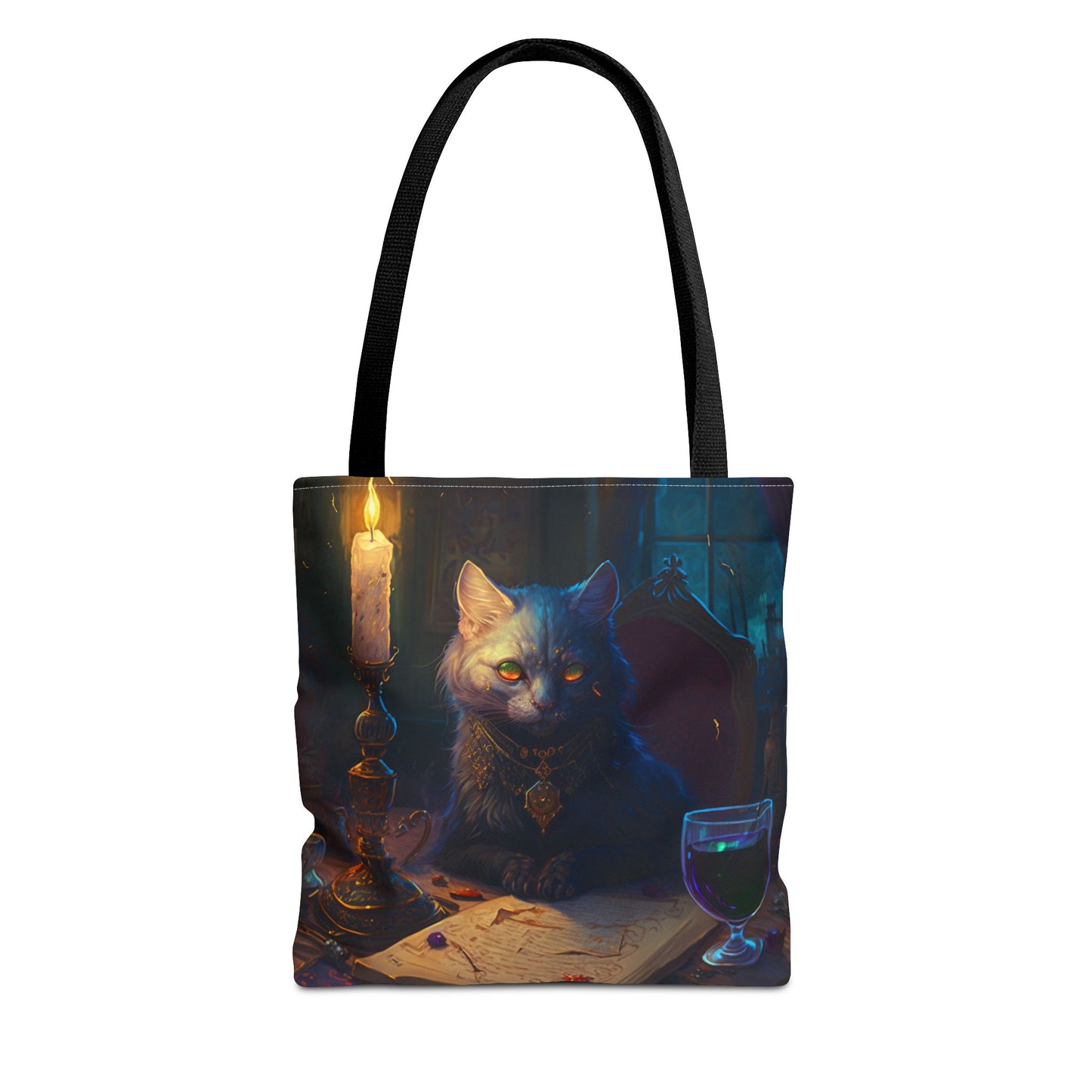 Mystical Cat Scholar Gothic Tote Bag with Candlelight Charm