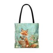 Fox-Inspired Easter Tote Bag with Basket and Floral Meadow Scene