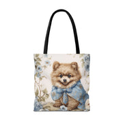 Floral Pomeranian Tote Bag with Blue Vintage Bow Design