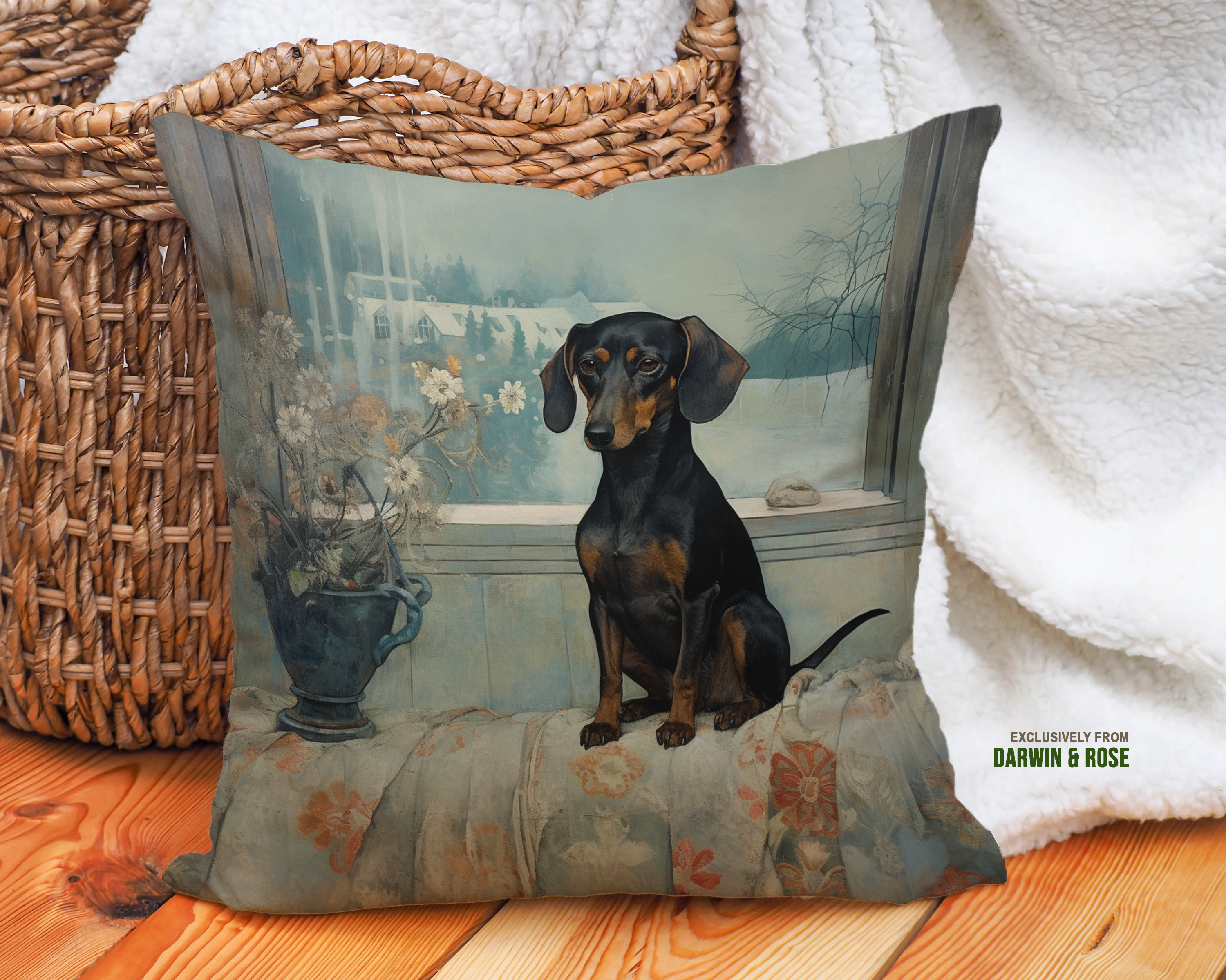 Dachshund Winter Cottage Scene Throw Pillow – Vintage Farmhouse Style