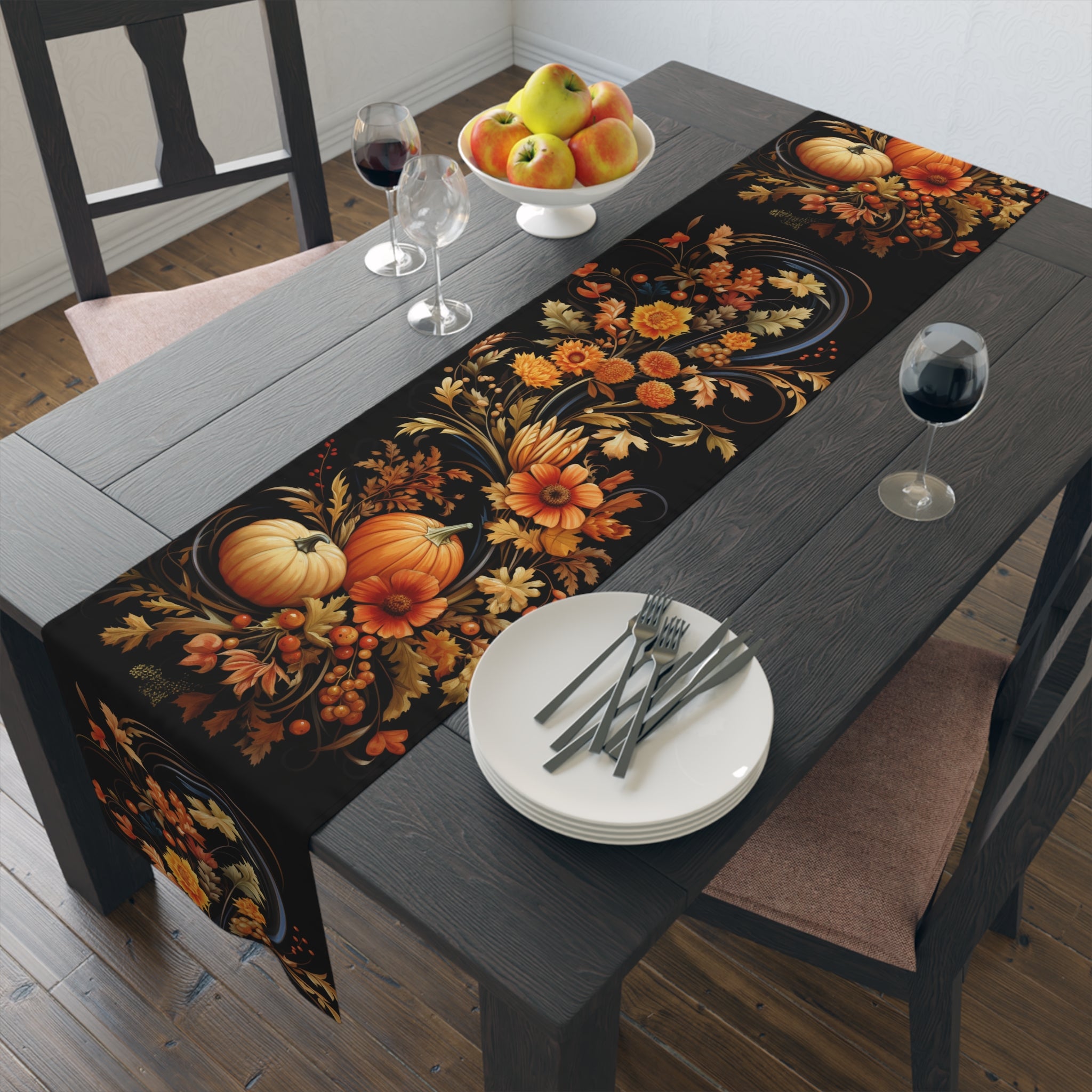 Thanksgiving Harvest Table Runner | Black, Orange, and Gold Design (72" or 90")