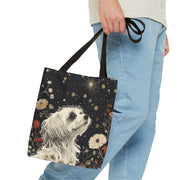 Maltese Starry Night Canvas Tote Bag, Elegant Floral Dog Lover Gift