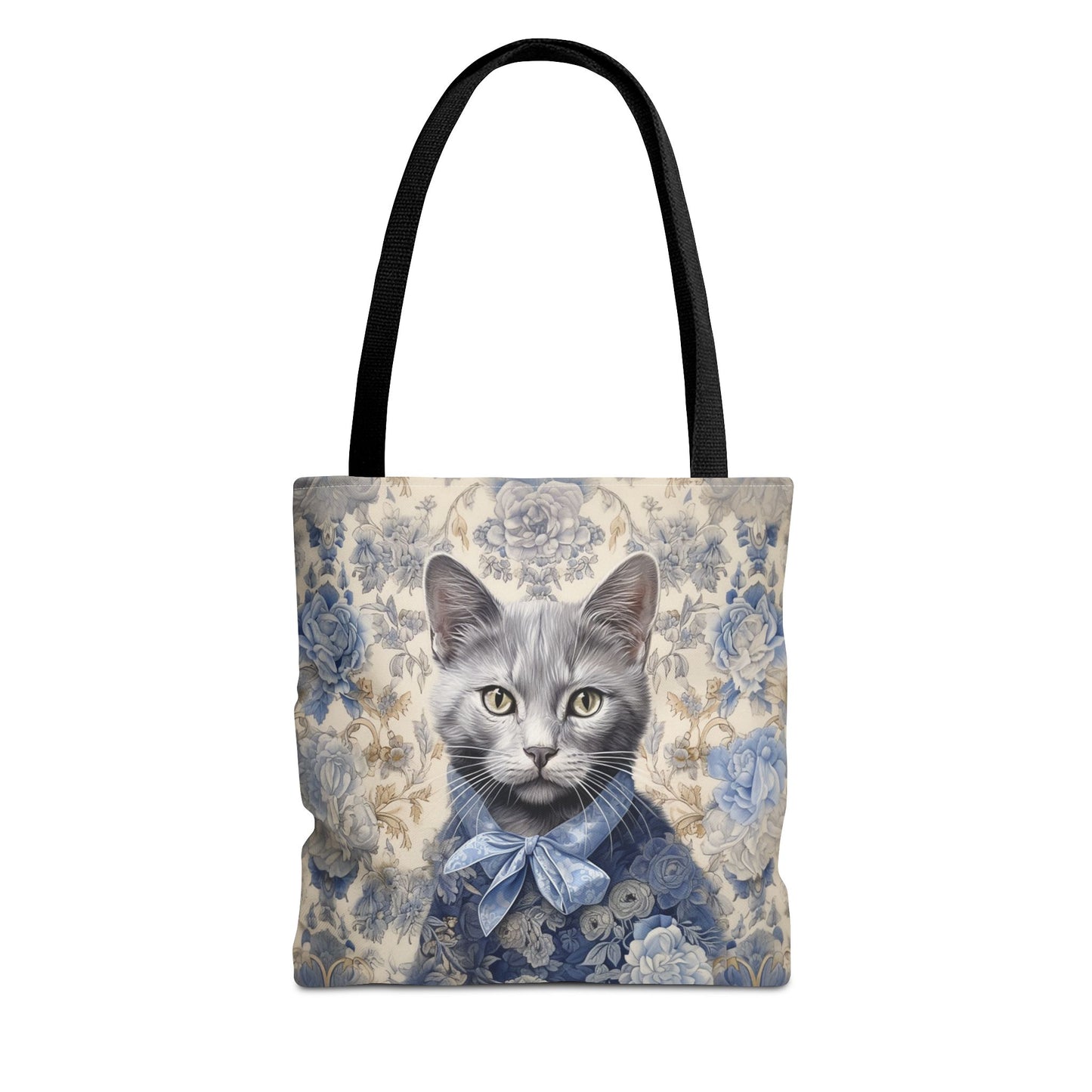 Russian Blue Cat Floral Tote Bag, Elegant Eco-Friendly Shopper