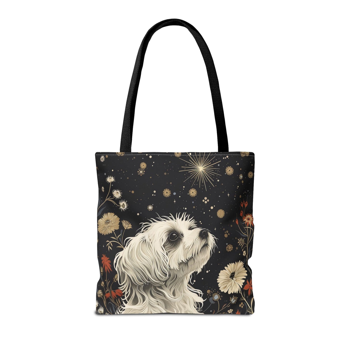 Maltese Starry Night Canvas Tote Bag, Elegant Floral Dog Lover Gift