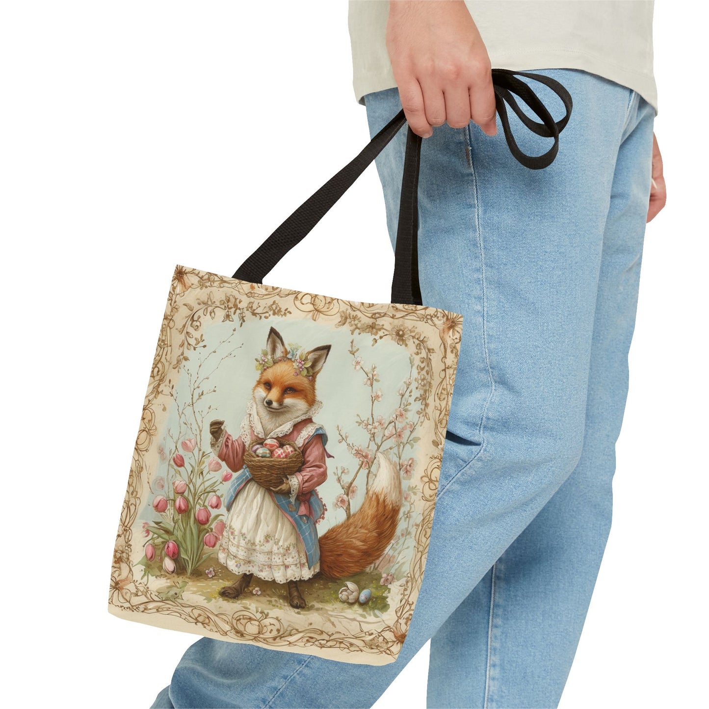 Easter Fox Tote Bag with Tulip Garden, Eco-Friendly Market Bag