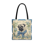 Charming Pug Tote Bag with Blue Bow and Floral Design