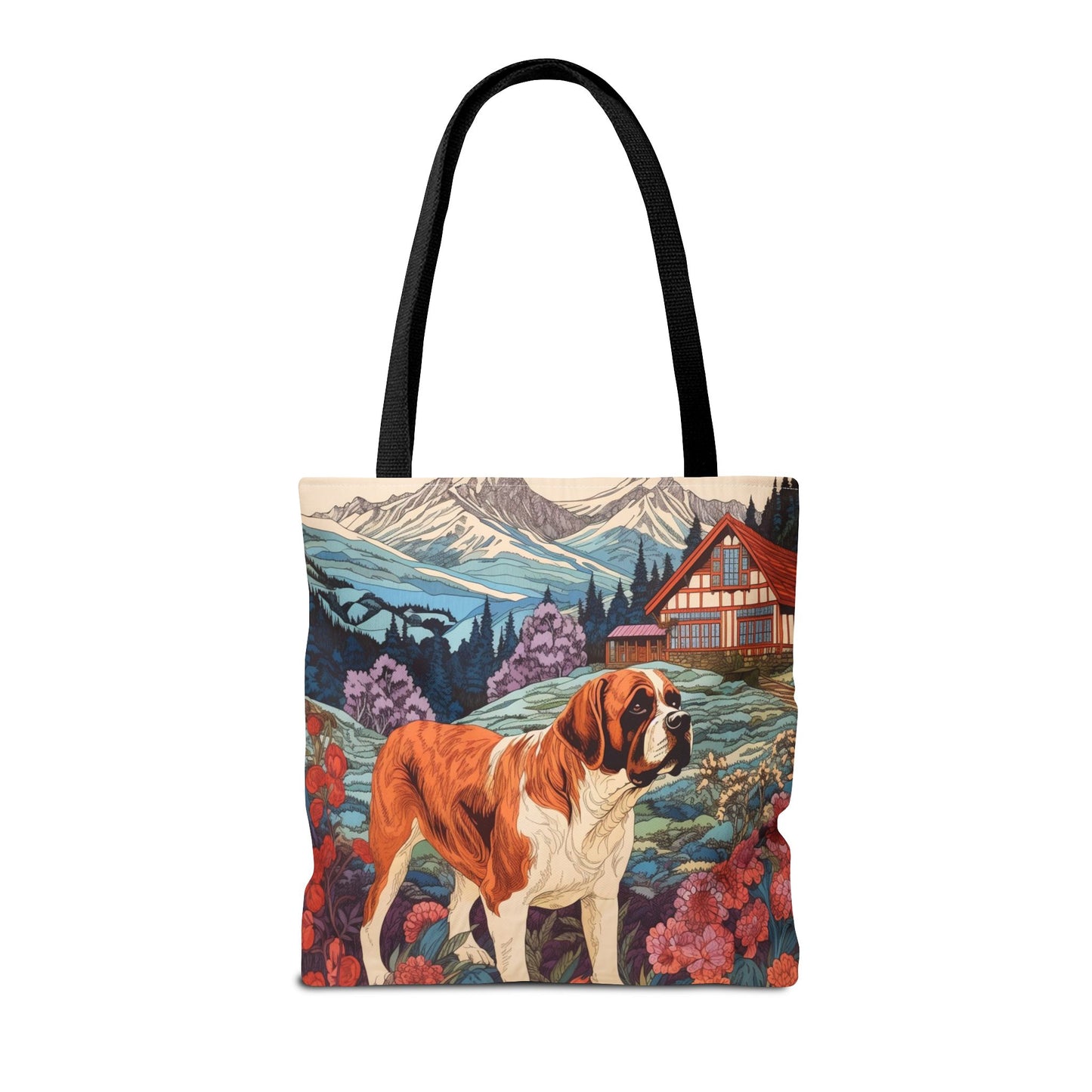 St. Bernard Swiss Alps Tote Bag, Scenic Chalet Dog Lover Gift