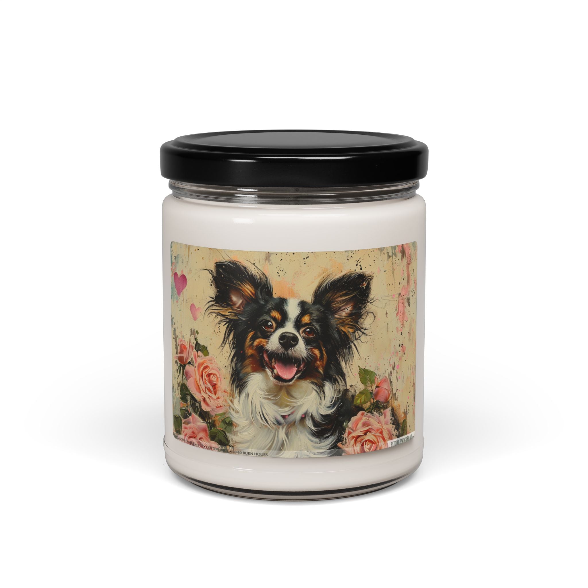 Papillon Dog Candle - Adorable Pup Gift, Soy Wax, Vintage Roses