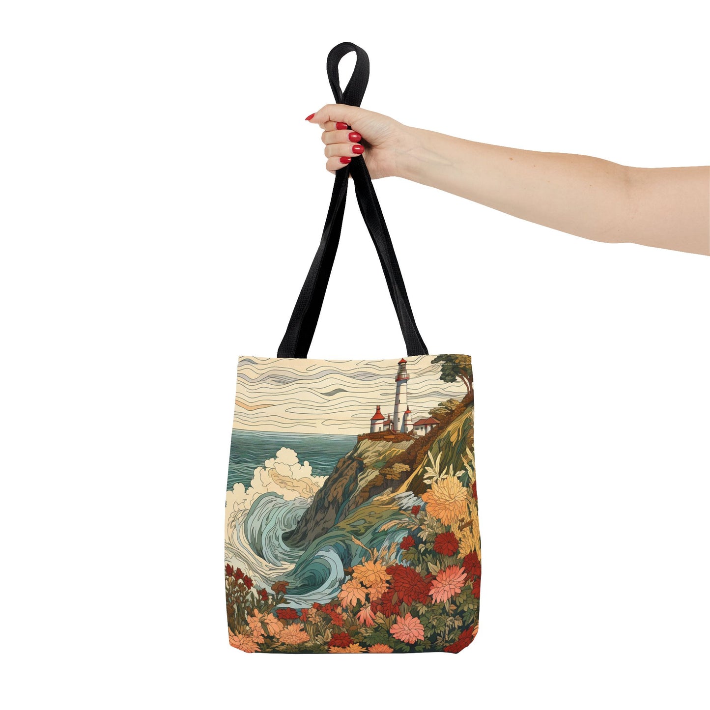 Coastal Lighthouse Canvas Tote Bag, Vintage Floral Ocean Design