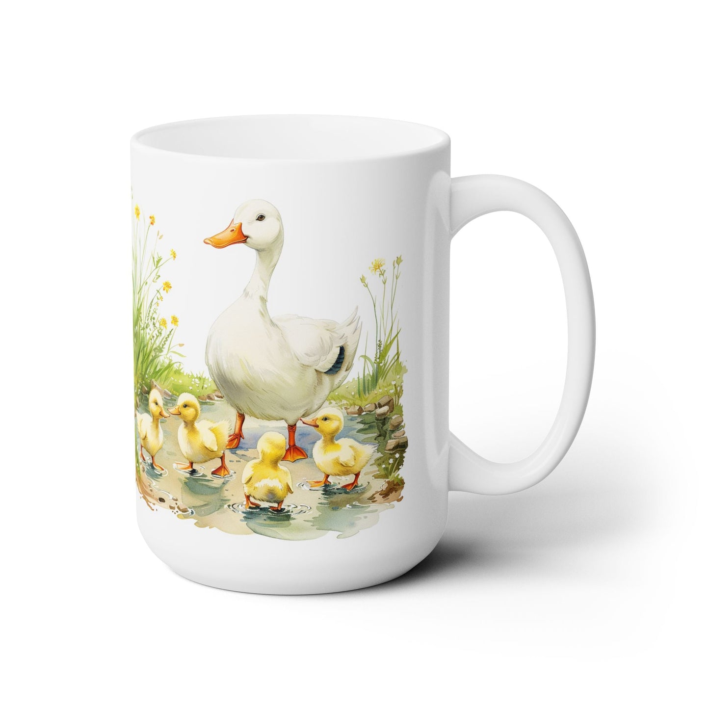 Mother Duck and Ducklings Pond Scene Coffee Mug, Whimsical Animal Gift Cup