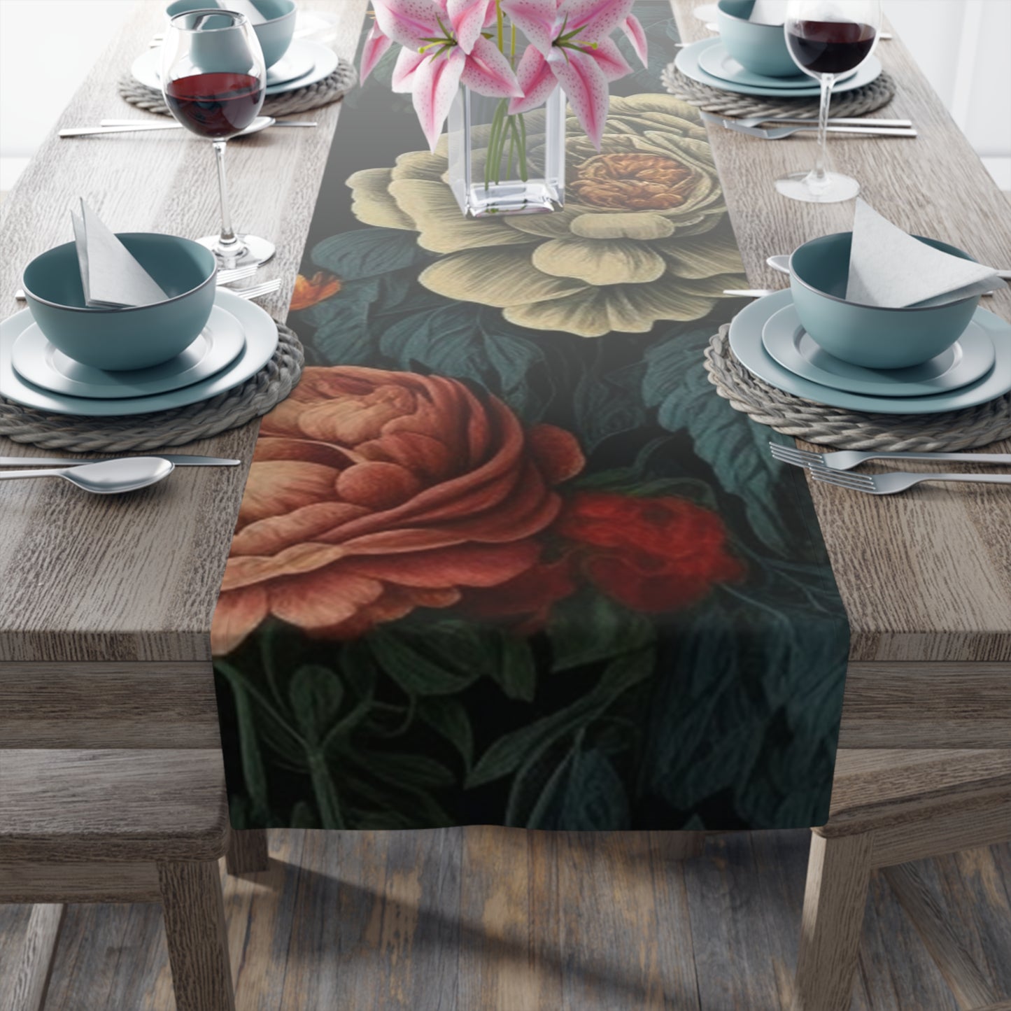 Dark Botanical Table Runner | Black, Cream, and Coral Design (72" or 90")