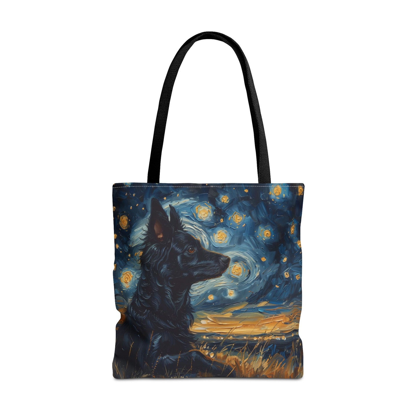 Starry Night Black Dog Tote Bag, Artistic Grocery & Beach Accessory