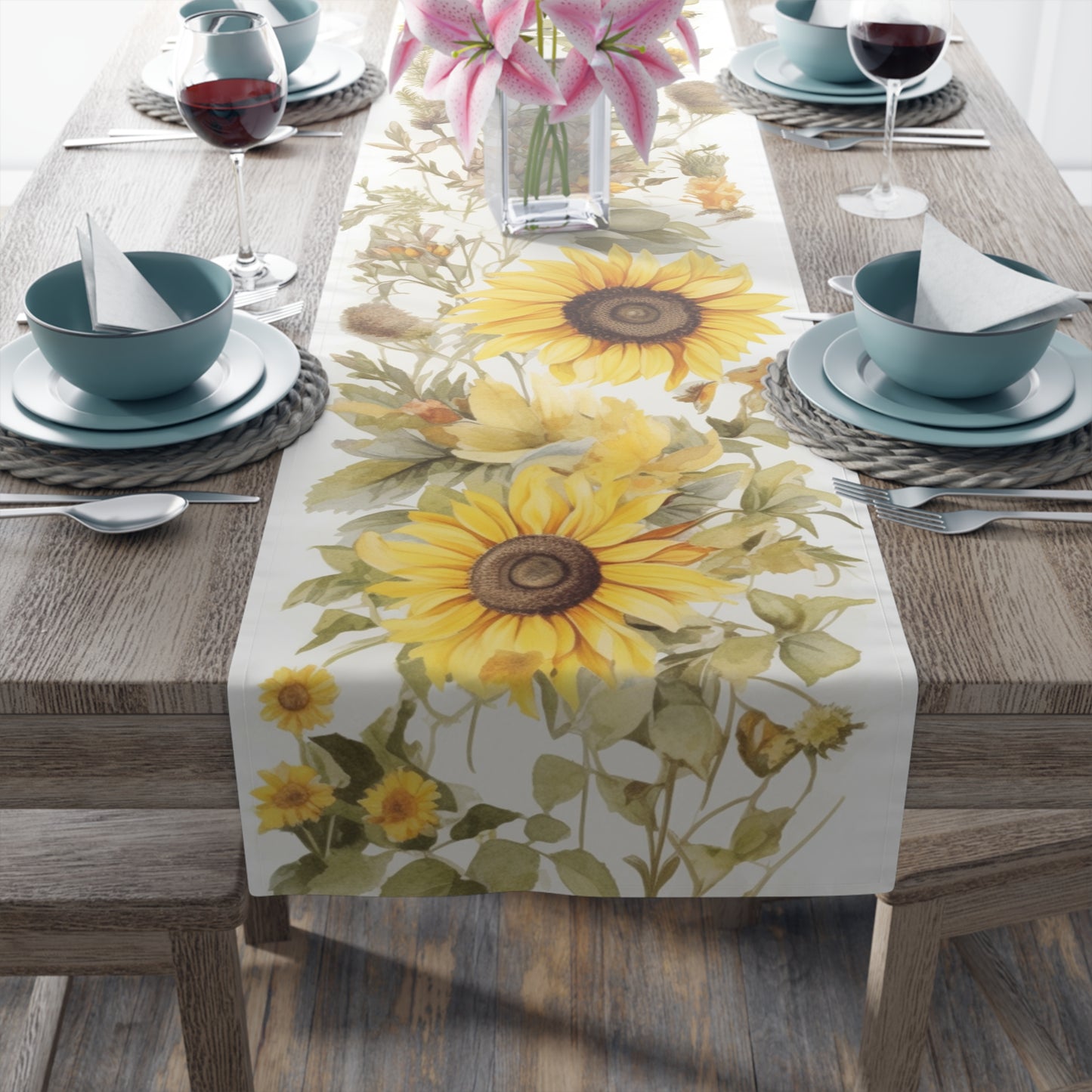 Rustic Sunflower Table Runner | Yellow, Green, and Cream Design (72" or 90")