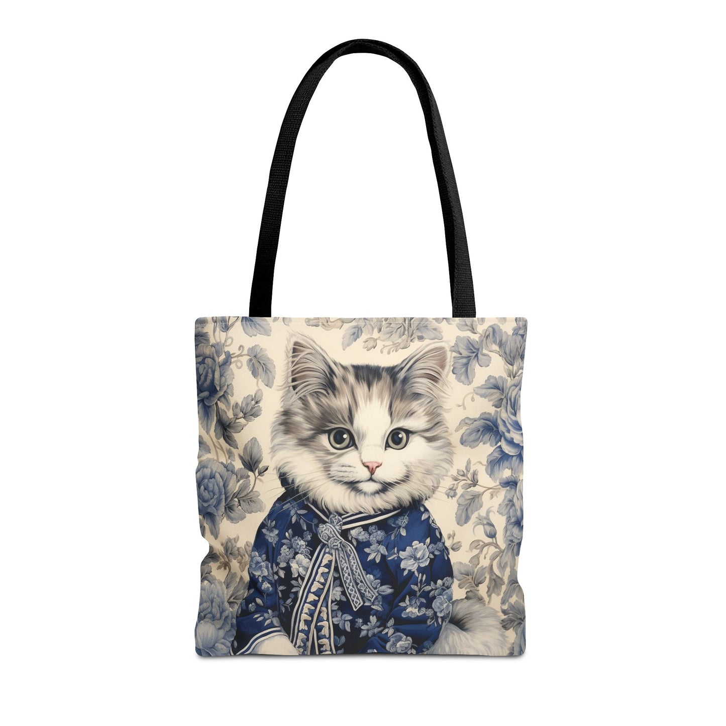 Chic Blue Floral Cat Tote Bag – Eco-Friendly Reusable Canvas