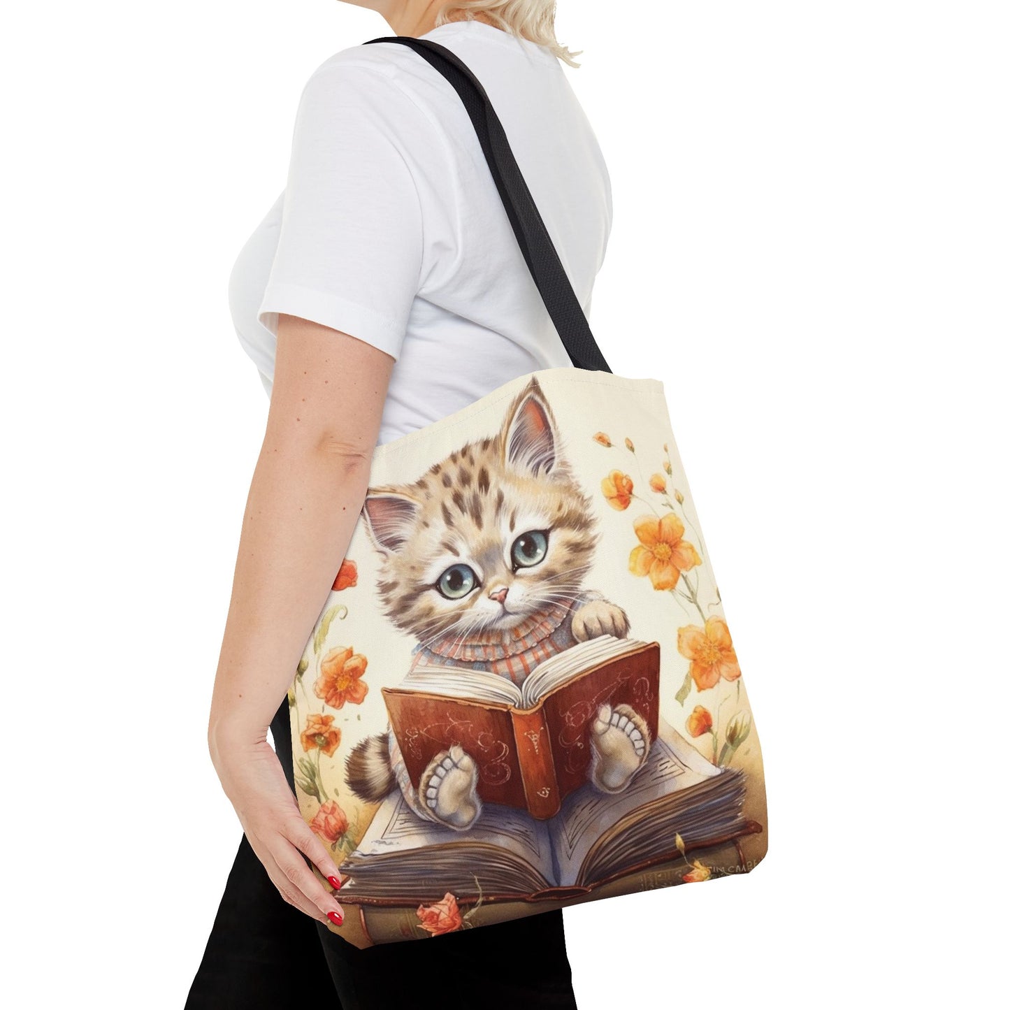 Whimsical Kitty Reader Tote Bag, Adorable Canvas Cat Lover Gift