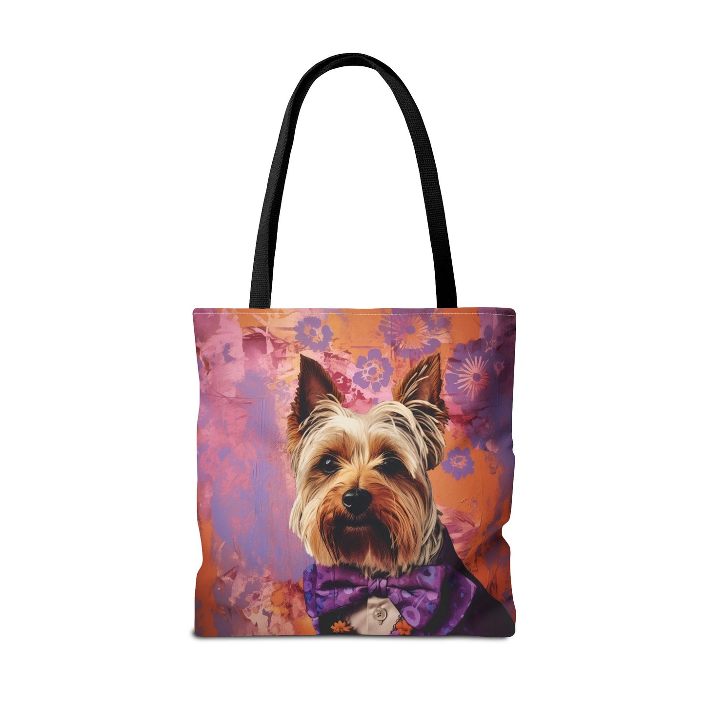 Yorkie Elegance Tote Bag with Vibrant Floral Backdrop, Eco-Friendly