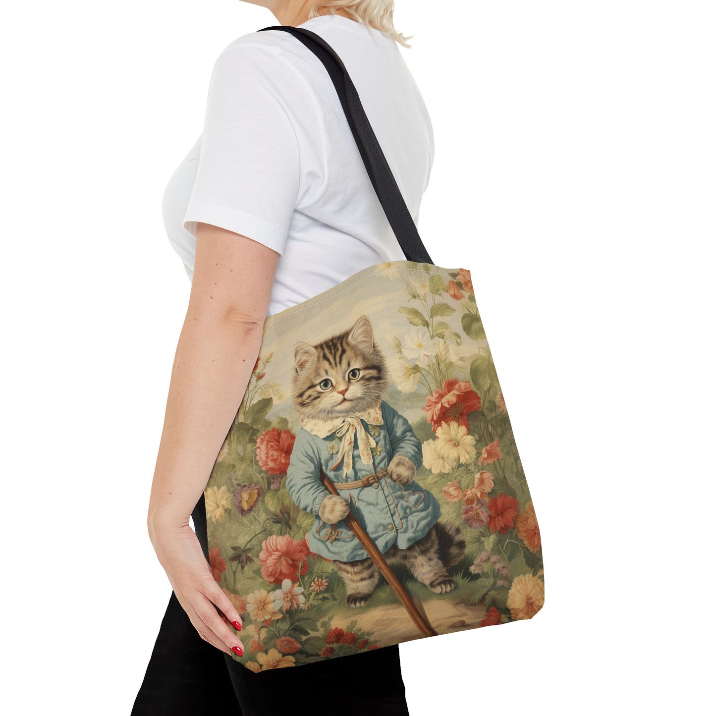 Whimsical Garden Cat Tote Bag, Vintage Floral Eco-Friendly Canvas