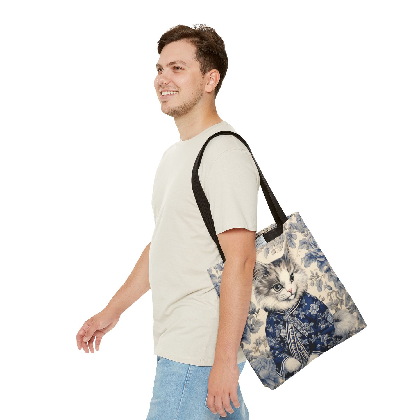 Chic Blue Floral Cat Tote Bag – Eco-Friendly Reusable Canvas