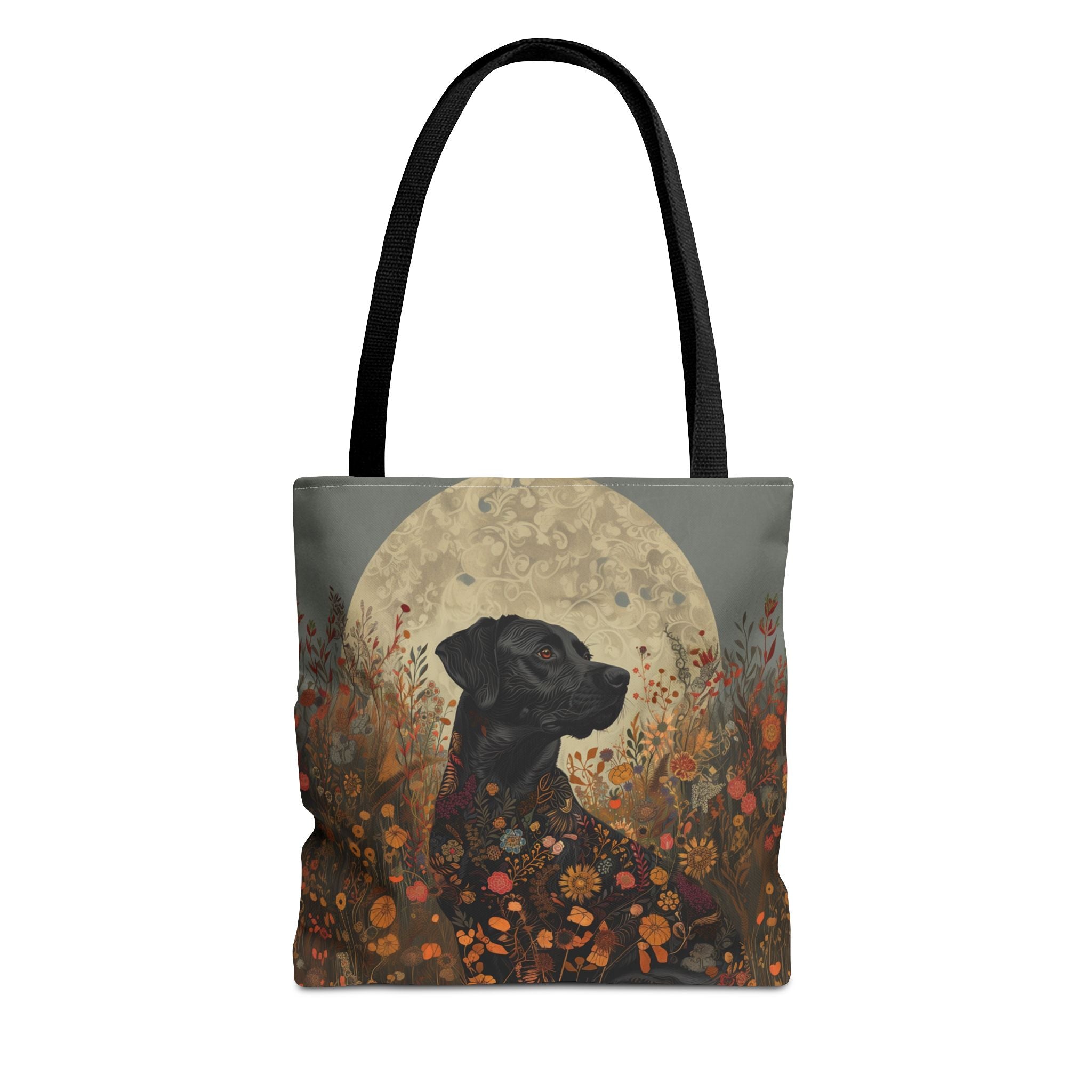 Moonlit Black Labrador in Floral Meadow Tote Bag