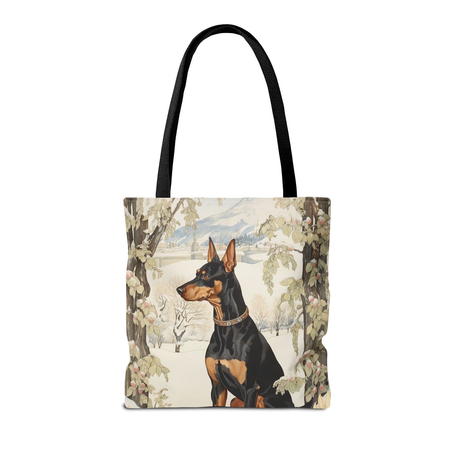 Winter Doberman Tote Bag – Elegant Snowy Alpine Scene Canvas Bag