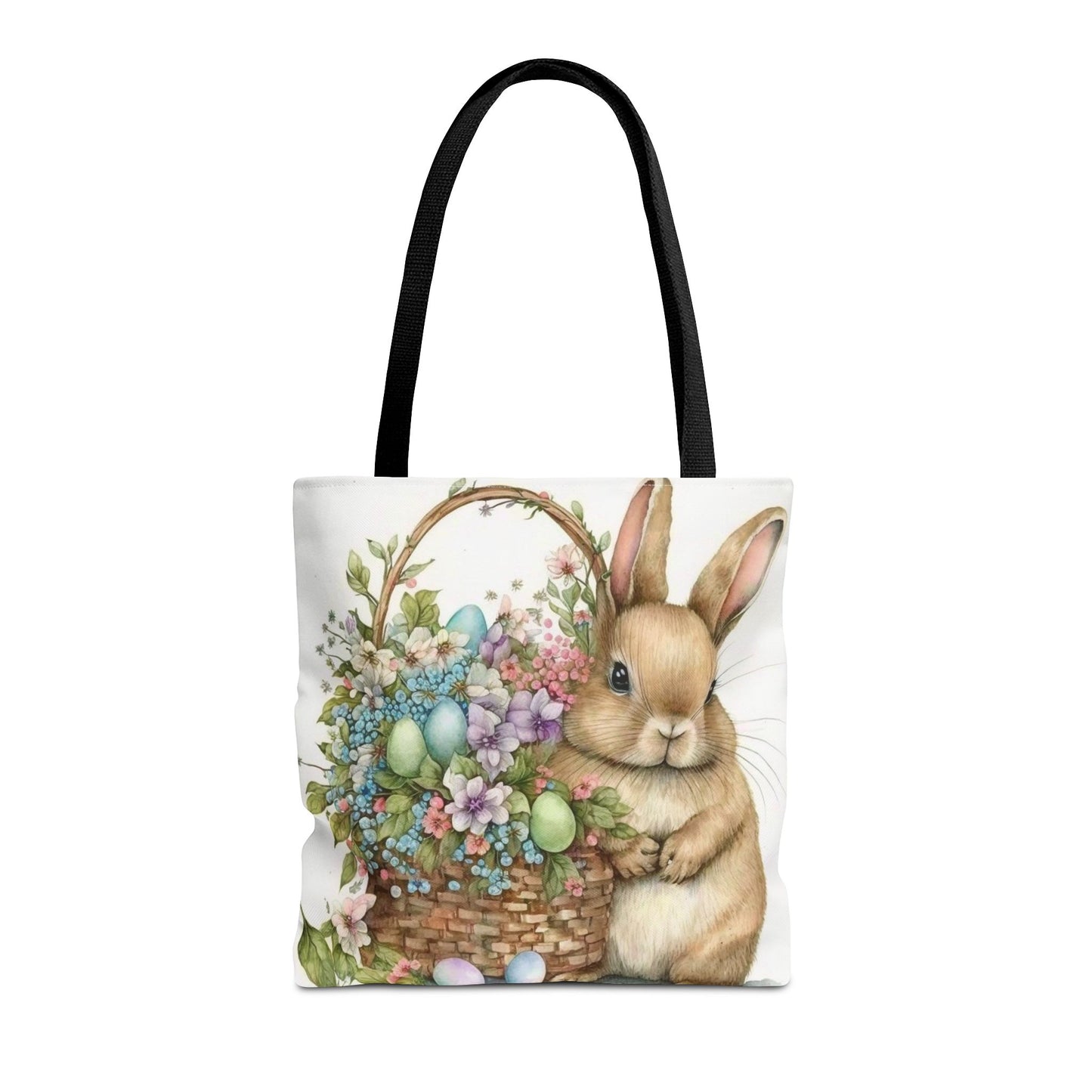 Charming Bunny Easter Tote Bag with Flowers and Painted Eggs