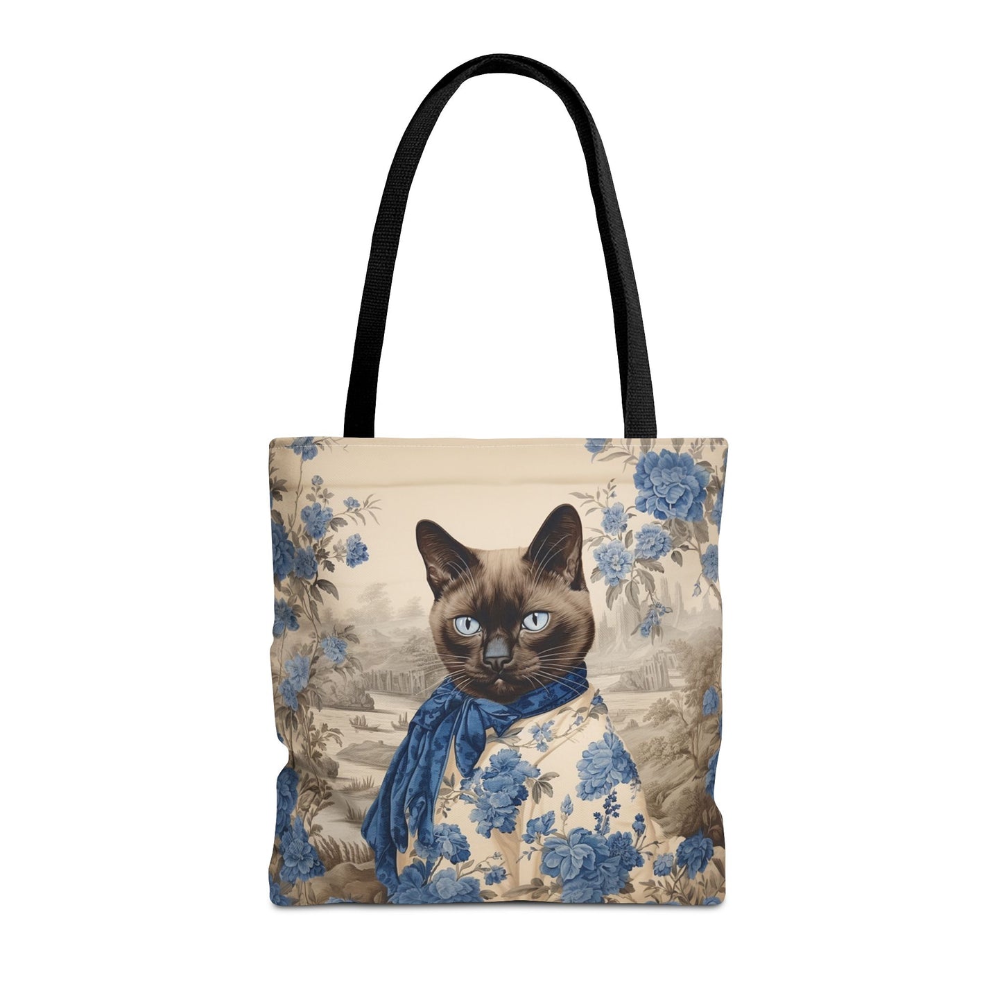 Siamese Elegance Tote Bag, Charming Cat Design in Blue and Beige Canvas