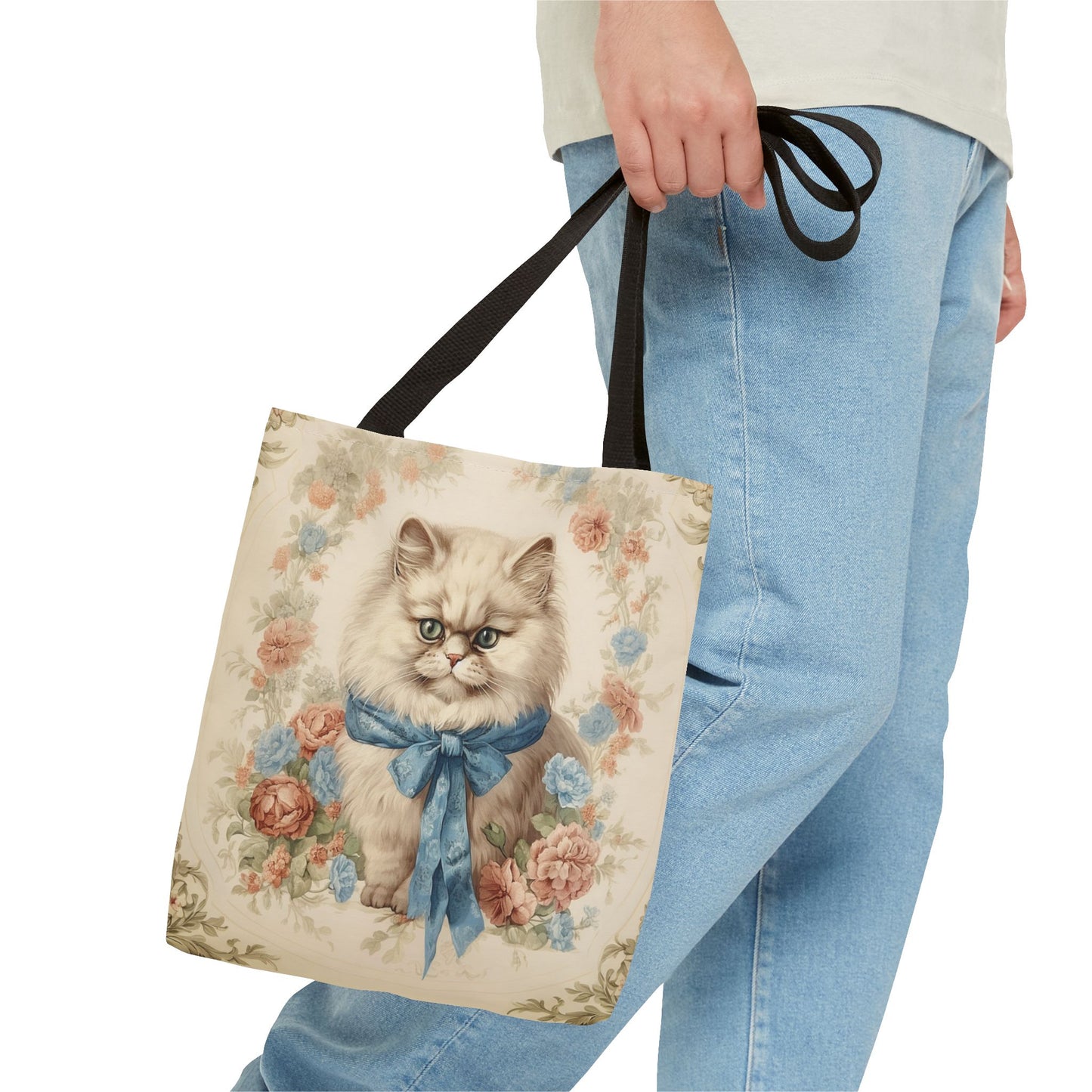 Persian Cat Floral Elegance Tote Bag with Blue Bow for Cat Lovers