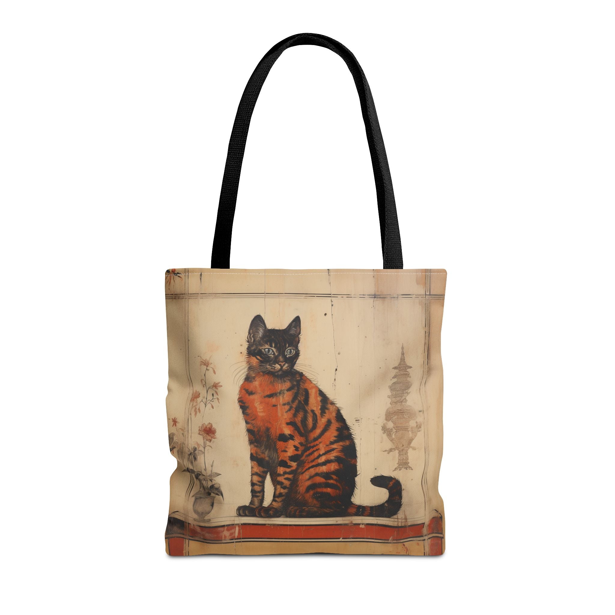 Artistic Oriental Cat Tote Bag, Vintage Feline Print Design