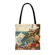 Coastal Lighthouse Canvas Tote Bag, Vintage Floral Ocean Design