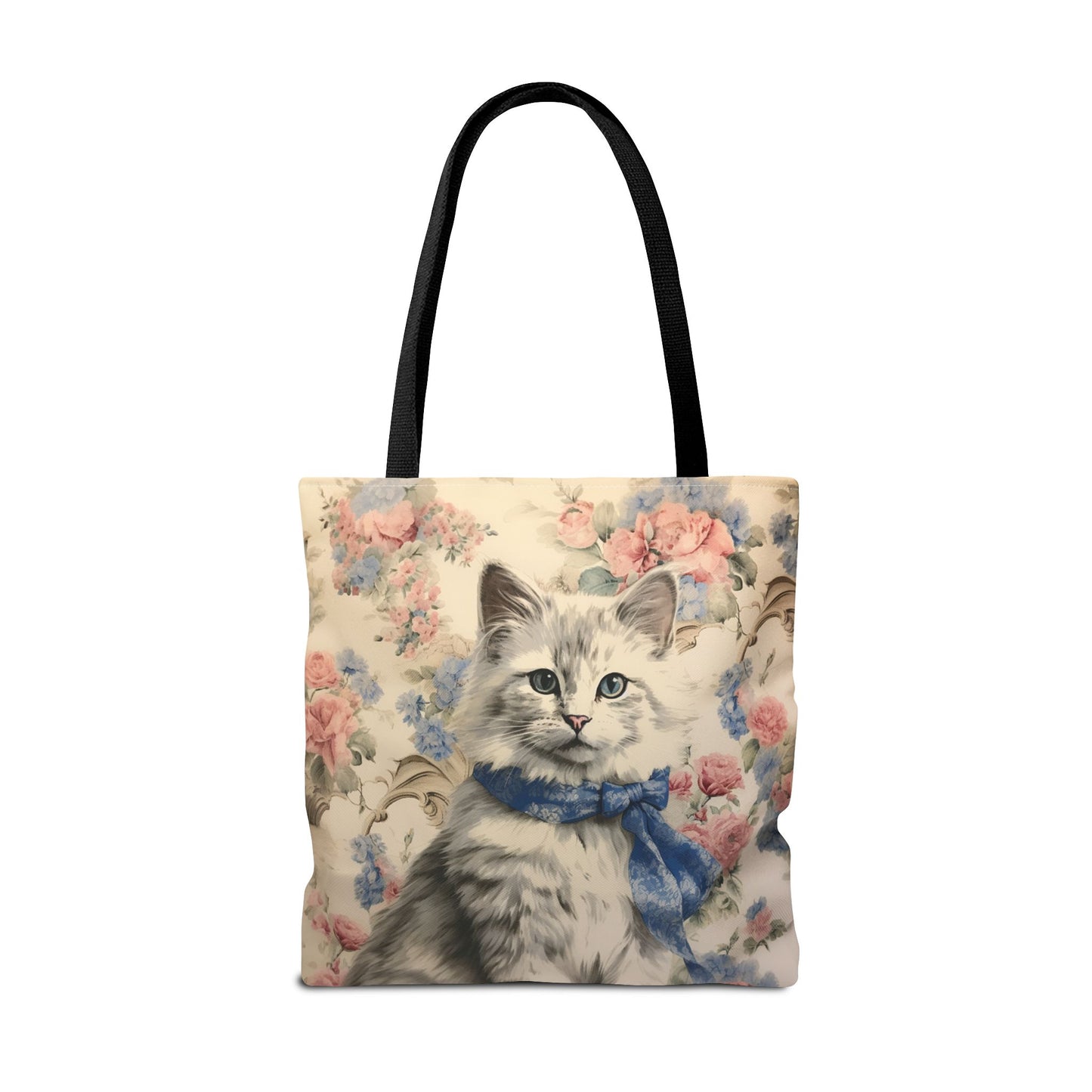 Charming Floral Cat Tote Bag with Pastel Blossoms, Elegant Gift