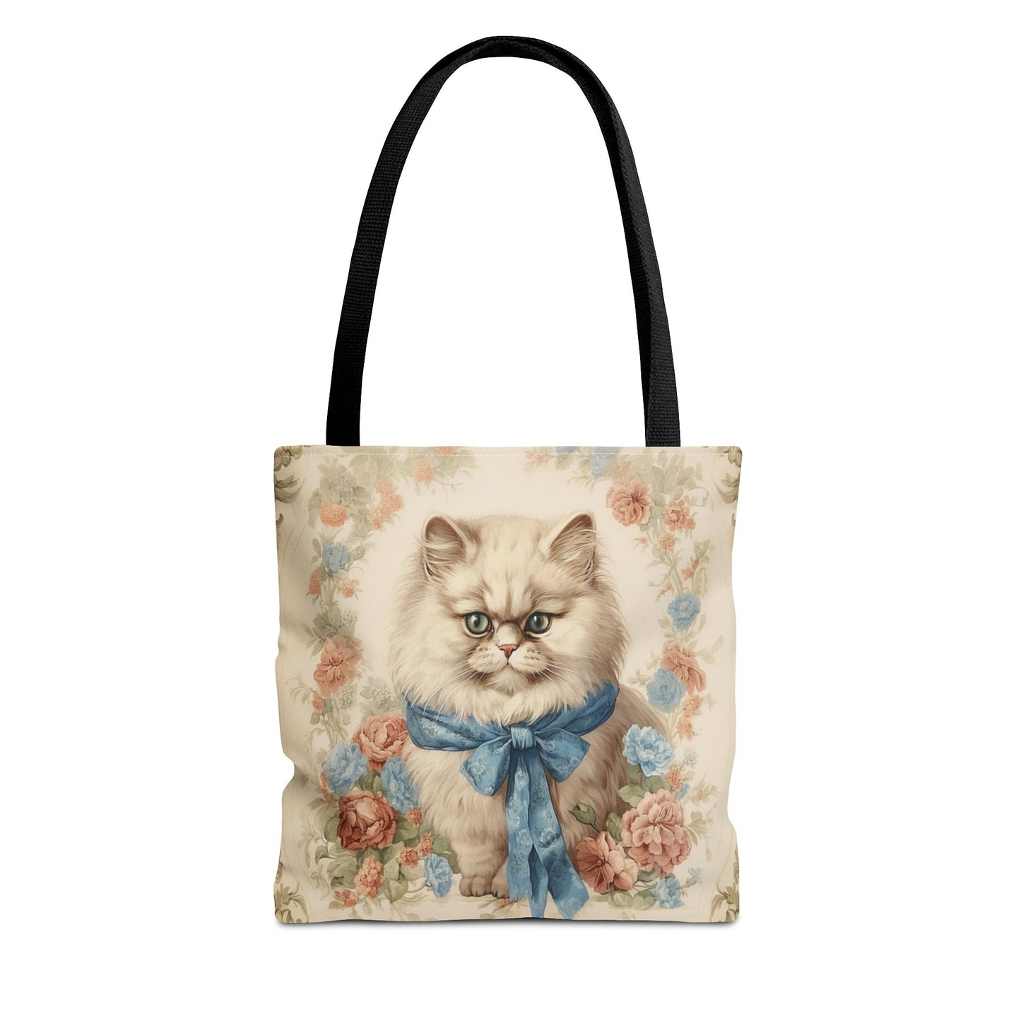 Persian Cat Floral Elegance Tote Bag with Blue Bow for Cat Lovers