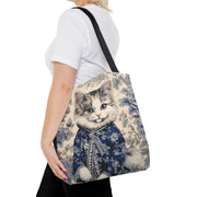 Chic Blue Floral Cat Tote Bag – Eco-Friendly Reusable Canvas