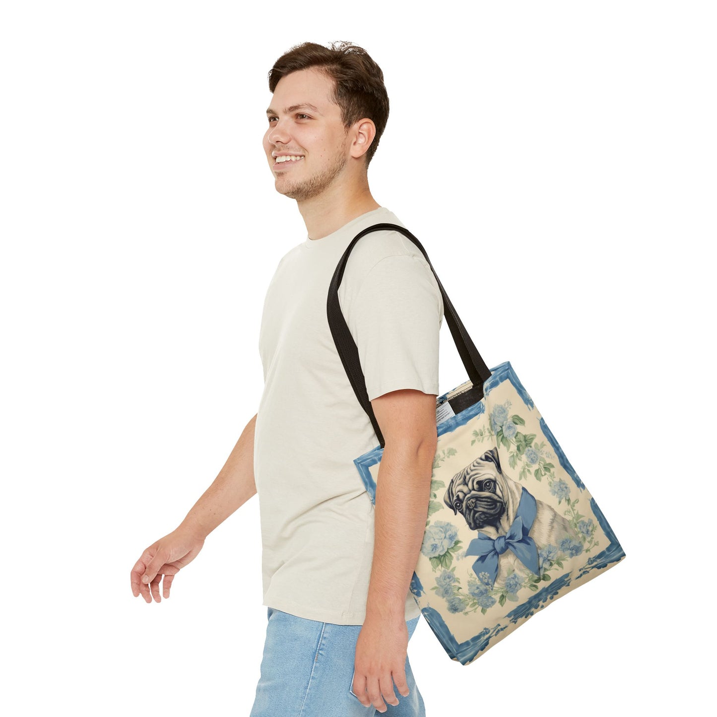 Charming Pug Tote Bag with Blue Bow and Floral Design