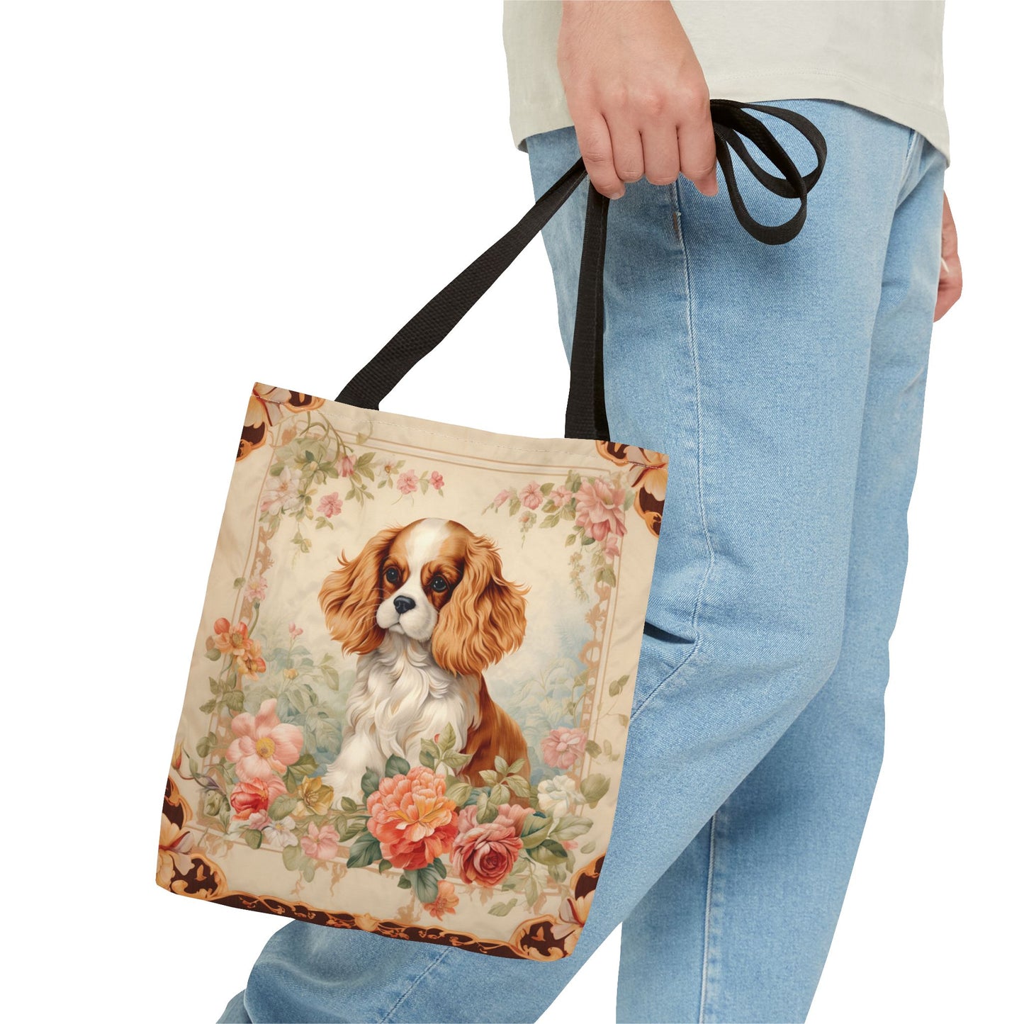 Cavalier Spaniel Canvas Tote Bag with Floral Design, Eco-Friendly Gift