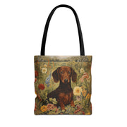 Dachshund Floral Meadow Canvas Tote Bag, Eco-Friendly Shopping Bag