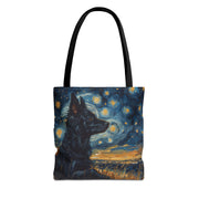 Starry Night Black Dog Tote Bag, Artistic Grocery & Beach Accessory