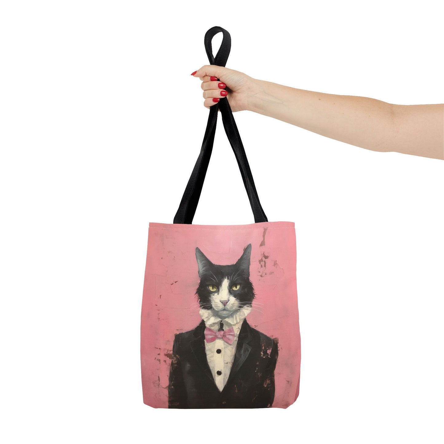 Elegant Tuxedo Cat Canvas Tote Bag – Chic Pink Design for Cat Lovers