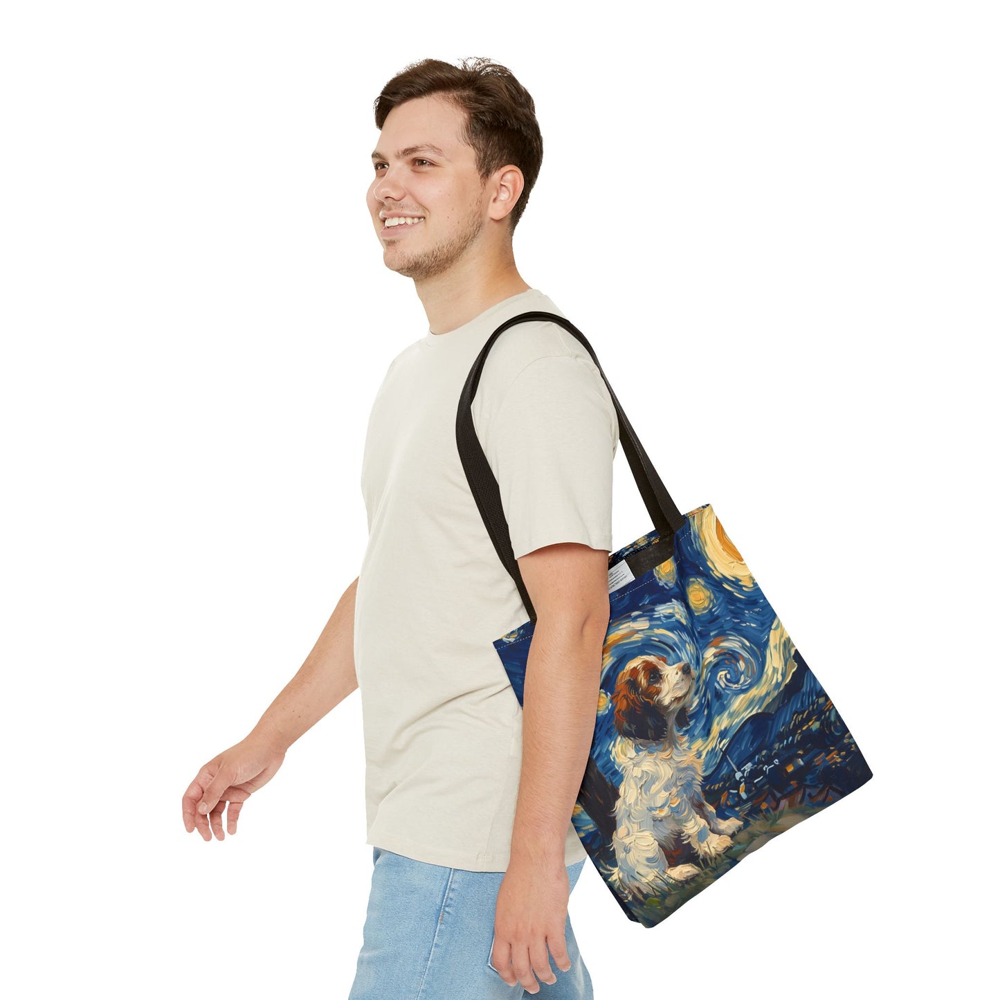 Starry Cavalier King Charles Tote Bag, Van Gogh-Inspired Design