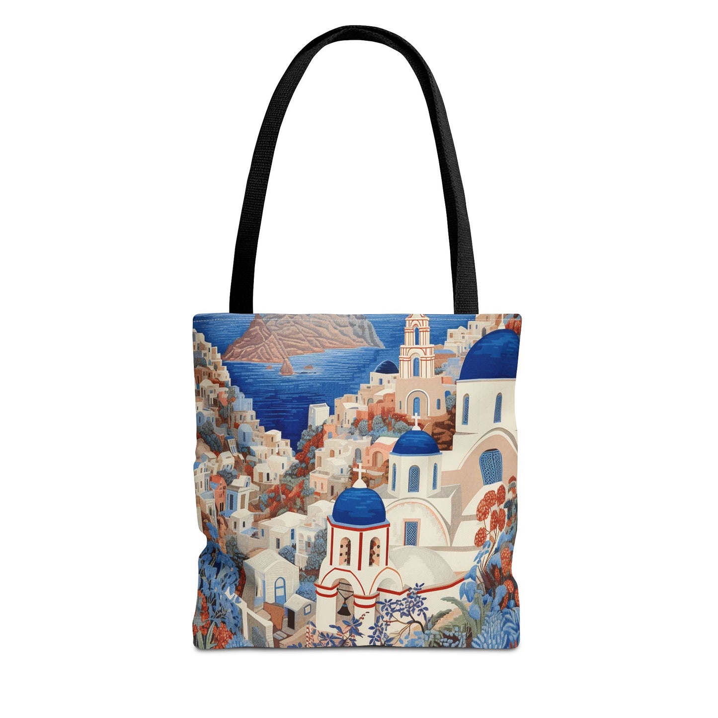 Santorini Blue Dome Scenic Tote Bag, Coastal-Inspired Shopping Bag