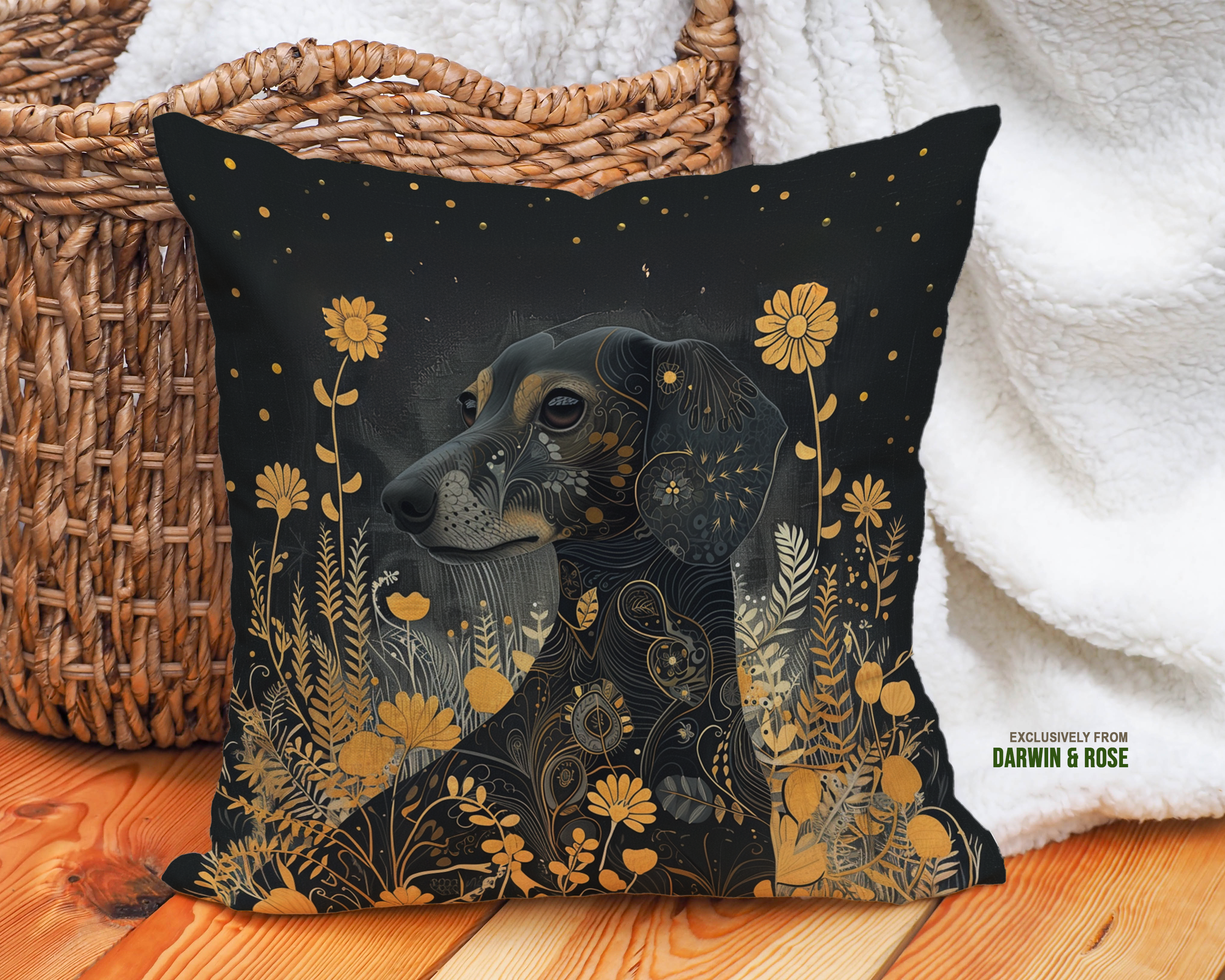 Whimsical Dachshund Throw Pillow – Boho Floral Design for Dog Lovers