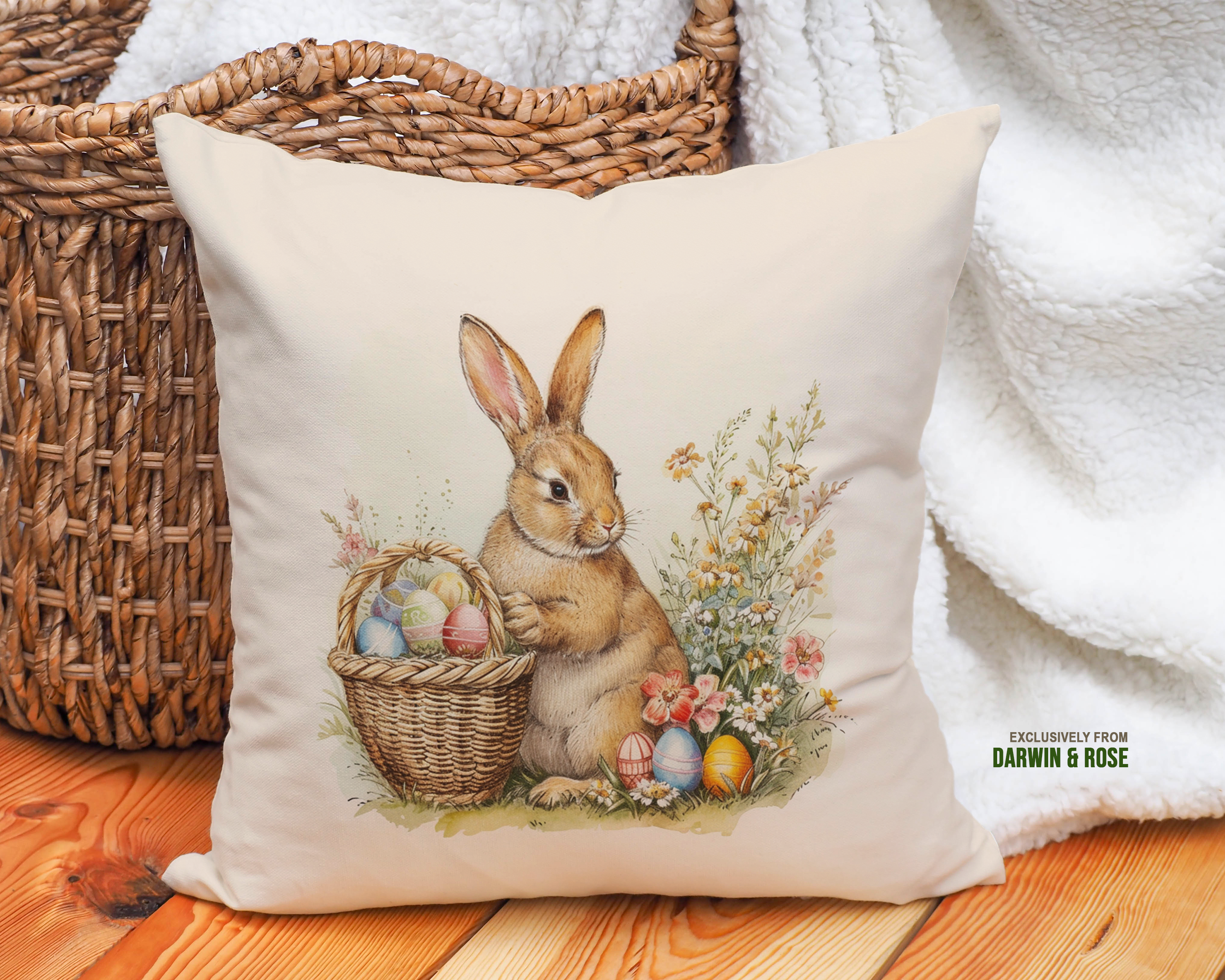 Easter Bunny with Floral Basket - Farmhouse Style Throw Pillow