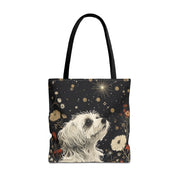 Maltese Starry Night Canvas Tote Bag, Elegant Floral Dog Lover Gift