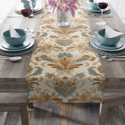 French Damask Table Runner | Gold, Beige, and Teal Design (72" or 90")