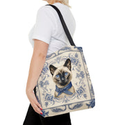 Siamese Cat Tote Bag with Vintage Blue Floral Design