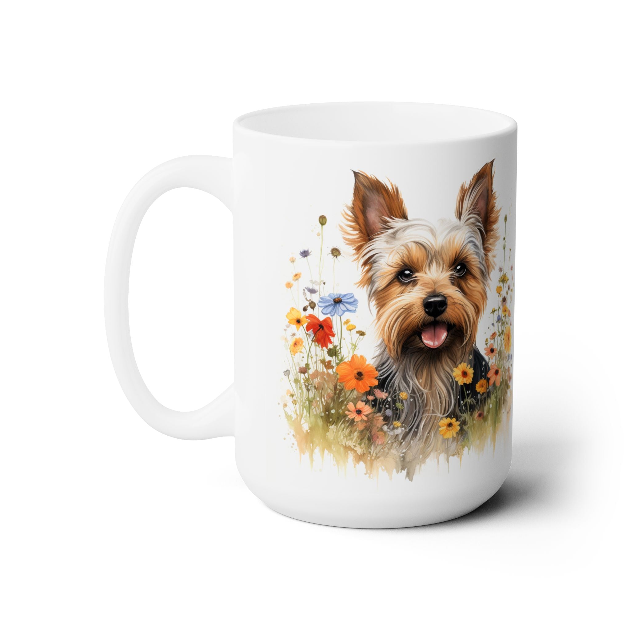 Yorkie Delight Mug – Yorkshire Terrier in Floral Meadow Design