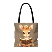 Whimsical Fawn Reader Canvas Tote Bag, Eco-Friendly Book Lover Gift