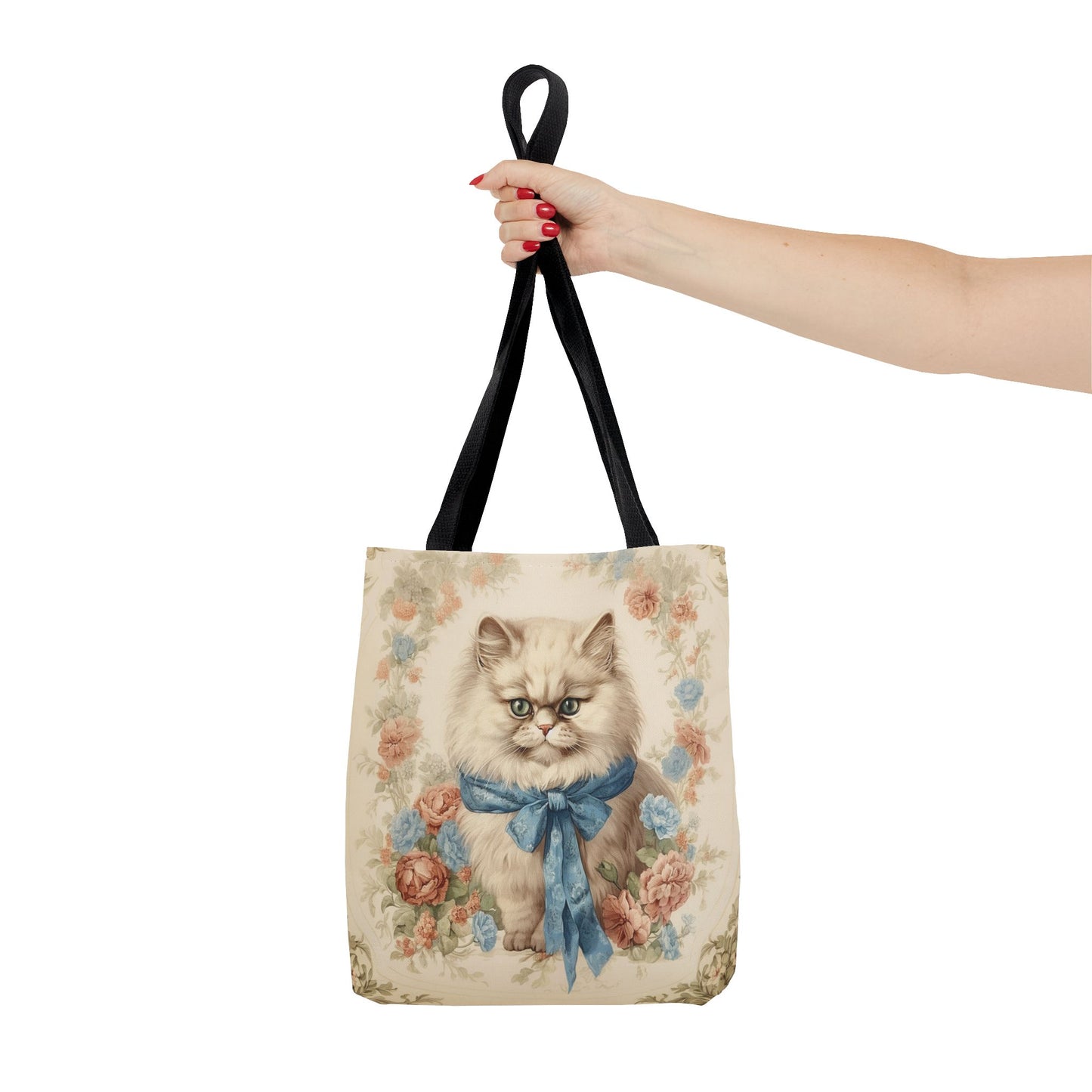 Persian Cat Floral Elegance Tote Bag with Blue Bow for Cat Lovers