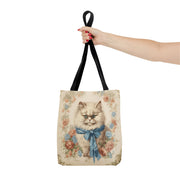 Persian Cat Floral Elegance Tote Bag with Blue Bow for Cat Lovers