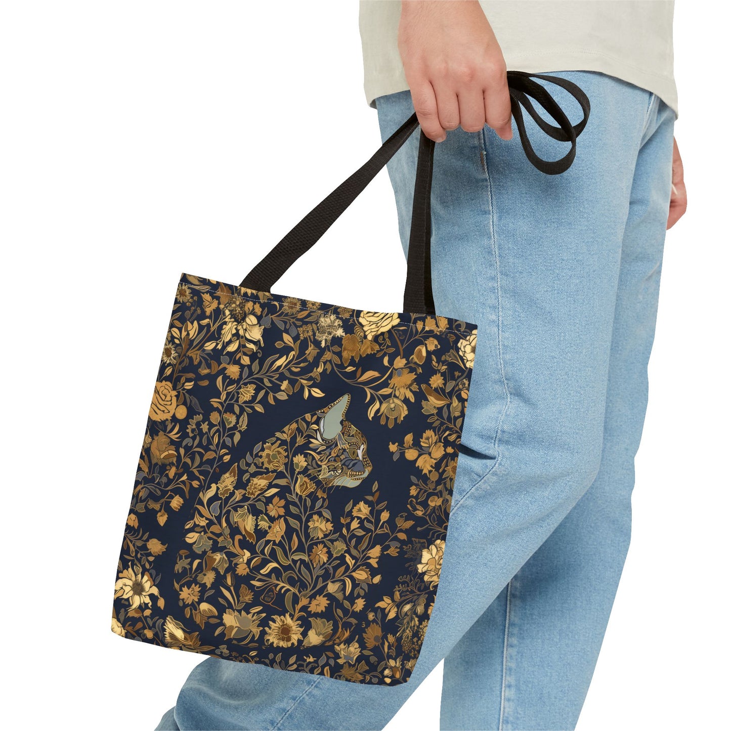 Golden Floral Cat Silhouette Tote Bag, Elegant Eco-Friendly Canvas