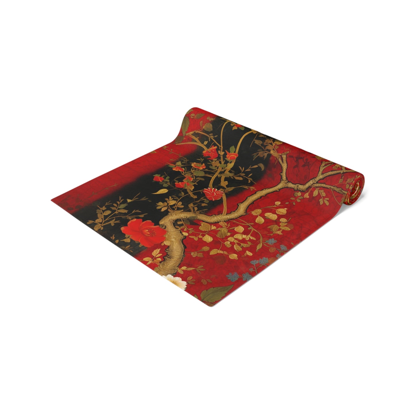 Luxury Red & Black Floral Table Runner | Gold Accents, Elegant Design (72" or 90")